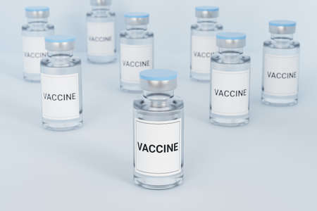 Vaccine ampoule glass bottles with label isolated on bright background, 3d renderingの写真素材