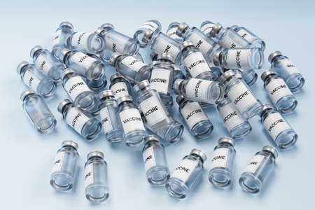 Stattered pile of vaccine ampoule glass bottles with label isolated on bright background, 3d renderingの写真素材