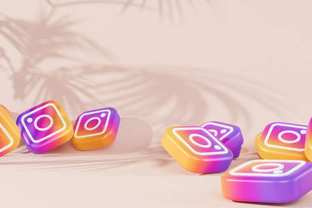 Melitopol, Ukraine - May 27 2021:  Instagram logo icons, photography social media app, beige background with tropical leaves shadows, 3d renderのeditorial素材