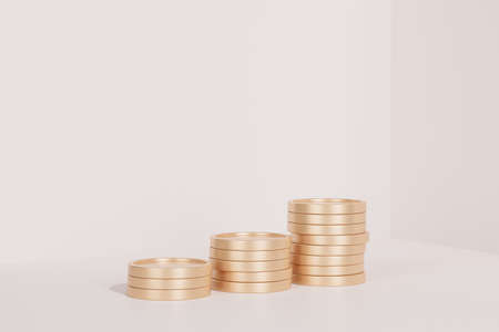 Golden coin stacks growing graph on white background, business investment and saving money concept, realistic 3d renderの写真素材