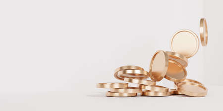 Golden coin stacks growing graph on white banner background, business investment and saving money concept, realistic 3d renderの写真素材