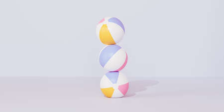 Summer blue banner with inflatable beach balls standing on each other, 3d illustration renderの写真素材