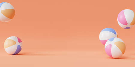 Summer orange banner background with inflatable beach balls, copy space, minimal 3d renderの写真素材