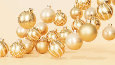 Christmas or New Year holidays banner background with golden baubles or ornaments, 3d renderの写真素材