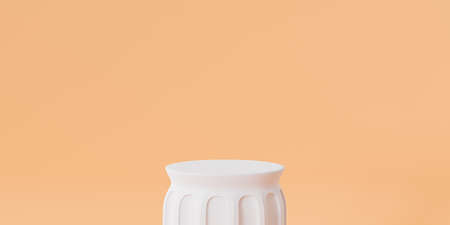 White pillar podium or pedestal for products or advertising on pastel orange banner background with...
