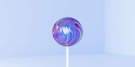 Shiny lollipop sweet candy on stick, blue pastel banner, 3d renderの写真素材
