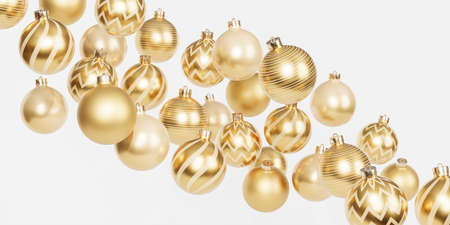 Christmas or New Year holidays banner background with golden baubles or ornaments, 3d renderの写真素材
