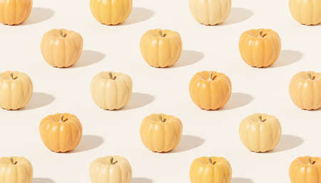 Pumpkins pattern on white background for advertising on autumn holidays or sales, 3d renderの写真素材