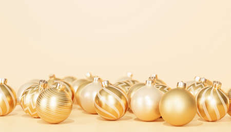 Christmas or New Year holidays banner background with golden baubles or ornaments, 3d renderの写真素材