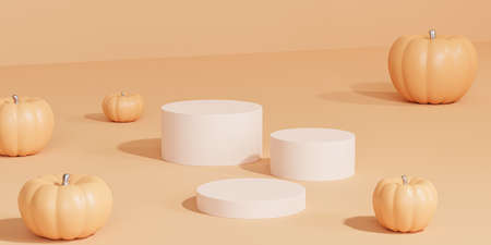Podiums or pedestals with pumpkins for products display or advertising for autumn holidays on orange background, 3d render bannerの写真素材