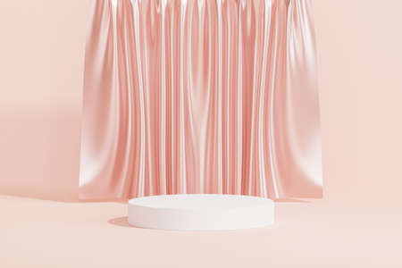 White podium or pedestal for products or advertising on pink background with curtains, 3d renderの写真素材