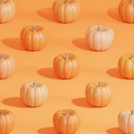 Pumpkins pattern on orange background for advertising on autumn holidays or sales, 3d renderの写真素材