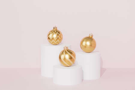 Christmas or New Year holidays background with golden baubles or ornaments on podiums, 3d renderの写真素材