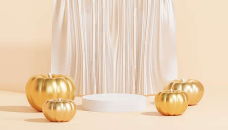 Podium or pedestal with golden pumpkins for products display or advertising for autumn holidays, 3d renderの写真素材