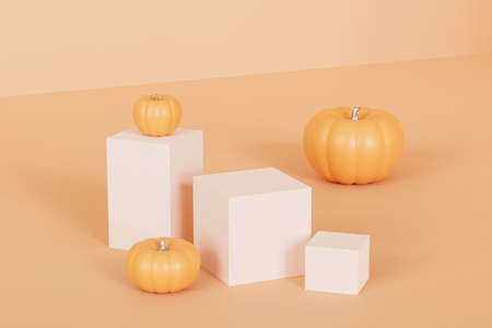Podiums or pedestals with pumpkins for products display or advertising for autumn holidays on orange background, 3d renderの写真素材