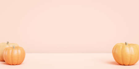 Pumpkins on beige background for advertising on autumn holidays or sales, 3d banner renderの写真素材