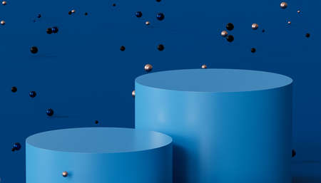 Podiums or pedestals for products display or advertising with shiny spheres on blue background, 3d...