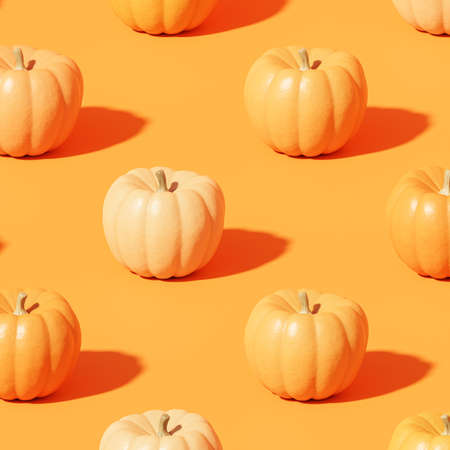 Pumpkins pattern on orange background for advertising on autumn holidays or sales, 3d renderの写真素材