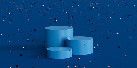 Podiums or pedestals for products display or advertising with shiny spheres on blue background, 3d minimal renderの写真素材