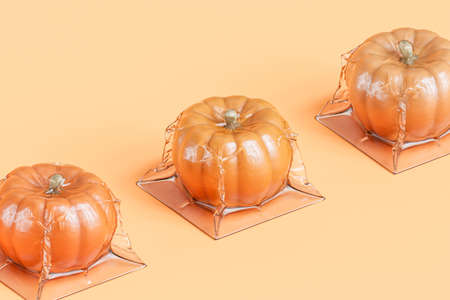 Pumpkins in vacuum packaging on beige background for advertising on autumn holidays or sales, 3d renderの写真素材