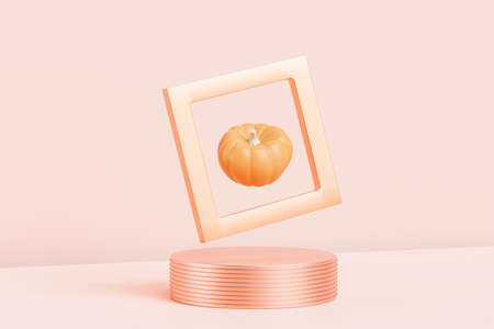 Pumpkin in golden frame on podium or pedestal, advertising for autumn holidays on pink background, 3d renderの写真素材