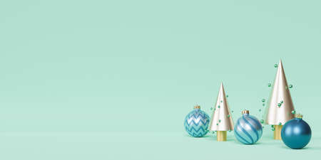 Christmas or New Year holidays background, golden fir-trees with blue baubles, 3d renderの写真素材