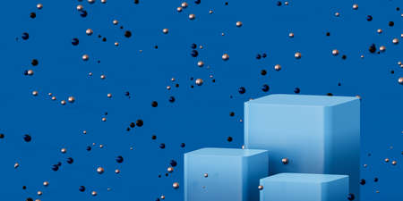 Podiums or pedestals for products display or advertising with shiny spheres on blue background, 3d...
