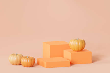 Podiums or pedestals with pumpkins for products display or advertising for autumn holidays, 3d renderの写真素材