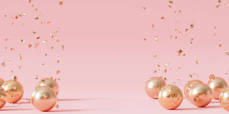 Christmas or New Year holidays background, golden baubles with confetti, 3d render