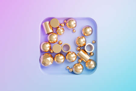 Abstract golden geometric objects on gradient background, minimal 3d render