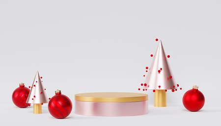 Christmas or New Year holidays background, golden podium or pedestal for products or advertising with red baubles, 3d renderの写真素材