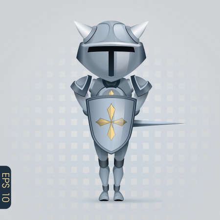 crusader knight with a big head is covered with a shieldのイラスト素材