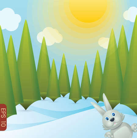 snowy forest glade with trees and bunnyのイラスト素材