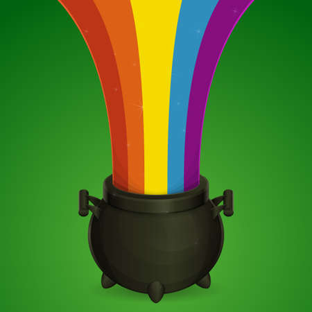 black bowler hat on a green background out of which comes the rainbowの写真素材