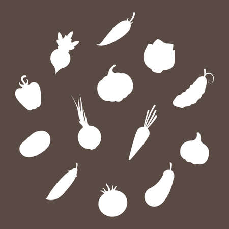 set of silhouettes of white vegetables in a flat style on a dark backgroundのイラスト素材