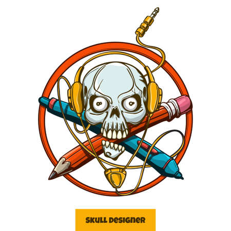 Vector illustration of a skull with headphones with a pencil and a stylus on a white background.It can be used as a print for clothes and other surfaces as well as a tattoo.のイラスト素材