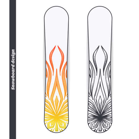 Design snowboard with a color and black hand drawn pattern of marijuana. Located on the white backgroundのイラスト素材