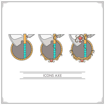 Set of game icons fantasy axes inlaid with precious stones, in three variants of a white background.のイラスト素材