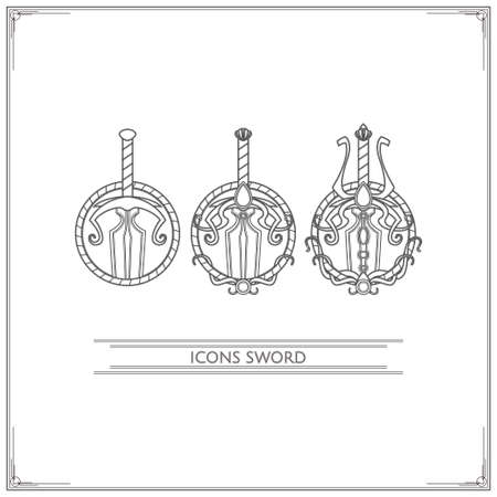 Set of game icons fantasy swords inlaid with precious stones, in three variants of a white background.のイラスト素材