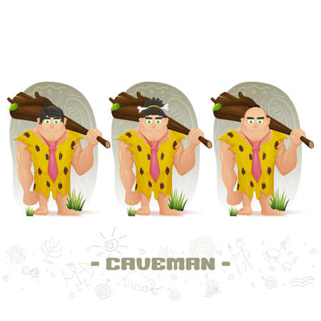 set of three cavemen with different hair and huge clubのイラスト素材