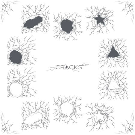 Big set of dark vector cracks on a white backgroundのイラスト素材