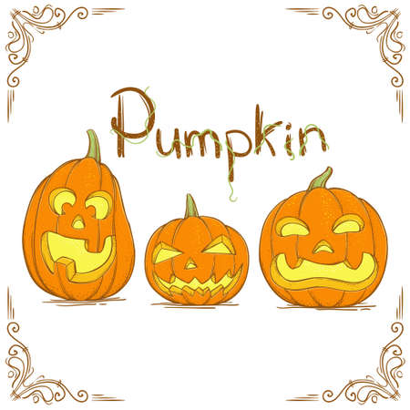 Three hand drawn pumpkin with text and patterns on a white backgroundのイラスト素材