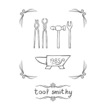 a set of blacksmith's tools and anvil on a white backgroundのイラスト素材