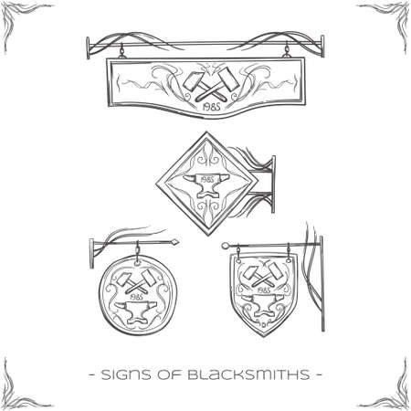 set of four signs for blacksmiths forged on a white backgroundのイラスト素材