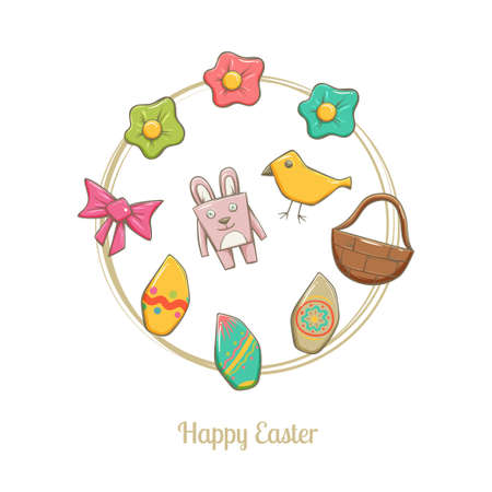 Set of easter elements. Bunny, eggs, flowers, basket, bow on a white background. It can be used as decorative items for postcards, drawing patterns and web elements.のイラスト素材