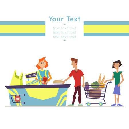 People in the supermarket at the cash register is discharged from the truck products. On a white background.のイラスト素材