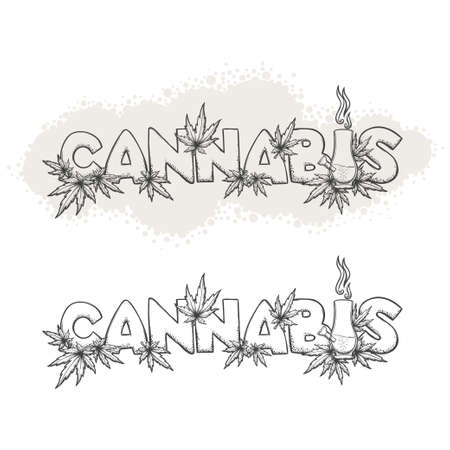 Black print lines with the word cannabis, medical marijuana leaves and Bong. On a white background. It can be used for application to clothing or as an illustration for postersのイラスト素材