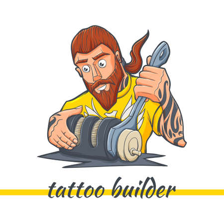 A character on a white background, making the tattoo machine with tattoos on his handsのイラスト素材
