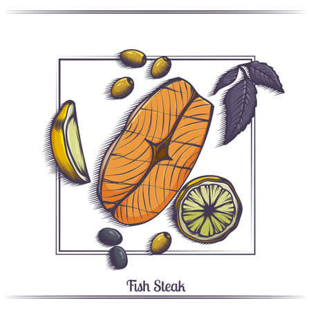 Steak Fish With Lemon and Olivesのイラスト素材
