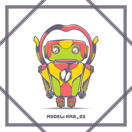 Cartoon toy robot. With a frame and on a white background. Can be used as a game or cartoon characterのイラスト素材